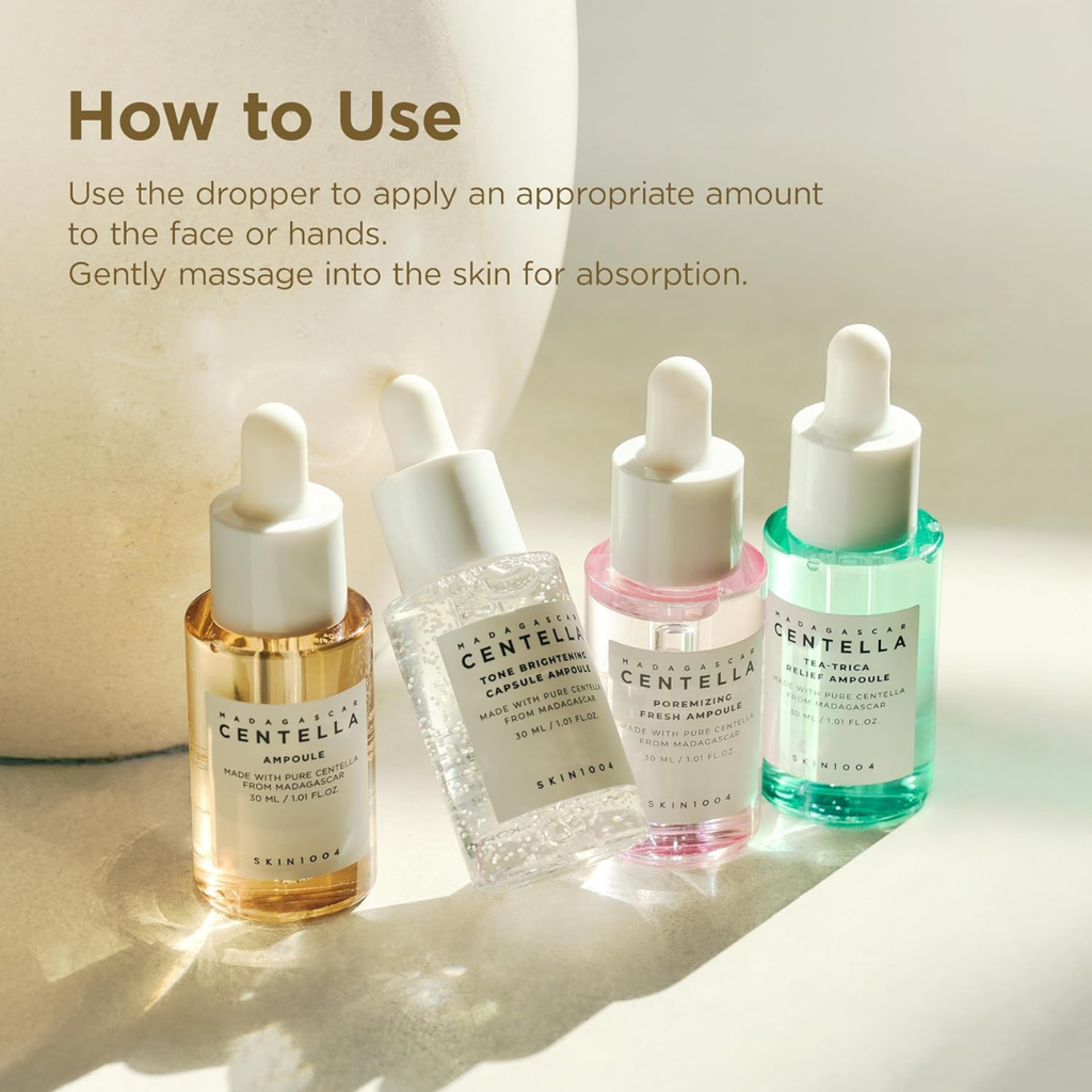 SKIN1004 Madagascar Centella Ampoule Kit, 4ea x 1.10 fl.oz, 30ml, Travel Size Face Serum Collection, Korean Skincare Set with Centella Ampoule and Hydrating Serum for Soothing Care, Korean Skin Care SKIN1004