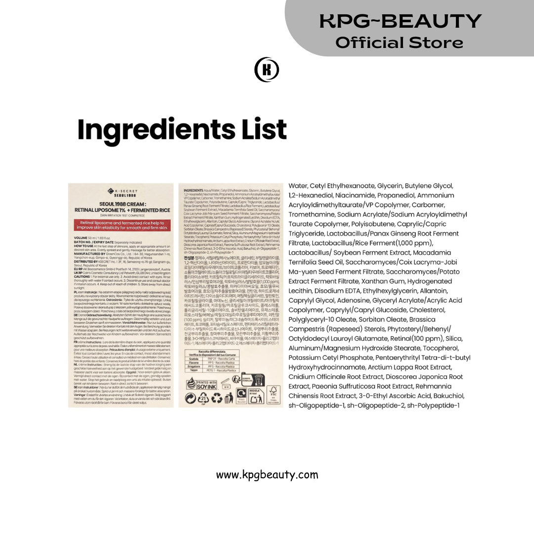 K-SECRET SEOUL 1988 Retinal Cream – Formulated with Advanced Retinal Liposome 1% and Fermented Rice Extract | Daily Fine Lines and Skin Texture Care | Korean Skincare, 50ml KSecret