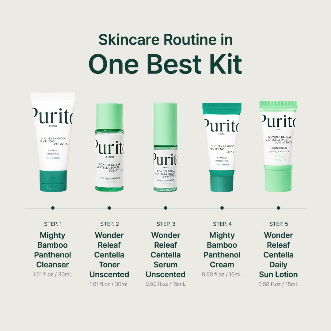 PURITO SEOUL Best Kit - Skincare Routine with Panthenol Cleanser & Cream, Unscented Centella Serum & Toner, For All Skin Types, Gift Set, For Face, Facial Serum, K-Beauty, Purito Seoul