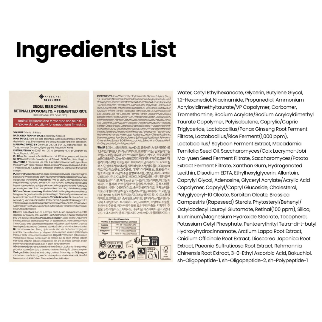 K-SECRET SEOUL 1988 Retinal Cream – Formulated with Advanced Retinal Liposome 1% and Fermented Rice Extract | Daily Fine Lines and Skin Texture Care | Korean Skincare, 50ml KSecret