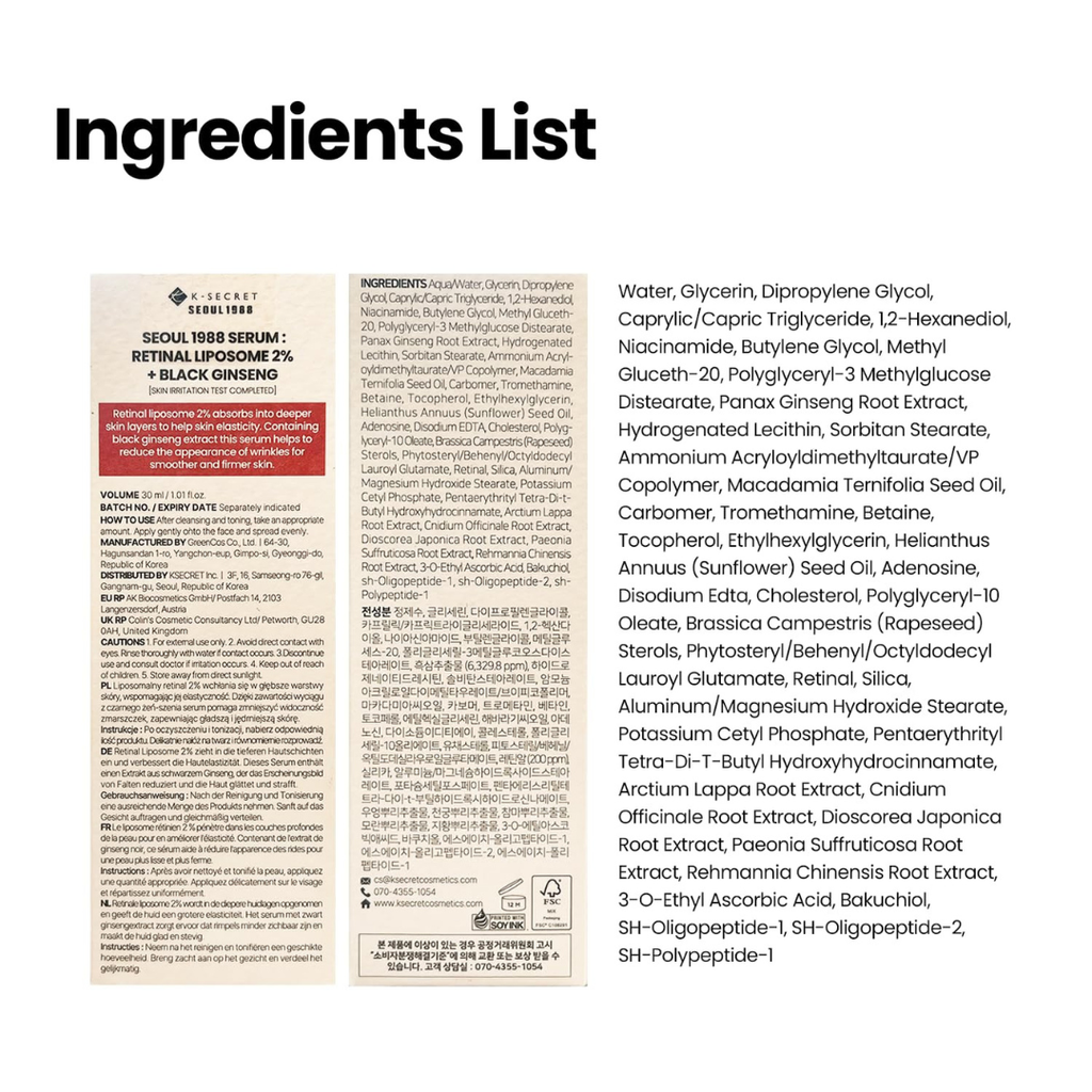 K-SECRET SEOUL 1988 Retinal Serum – Formulated with Advanced Retinal Liposome 2% and 58% Black Ginseng Extract | Fine Lines and Skin Texture Care Serum | Korean Skincare, 30ml KSecret
