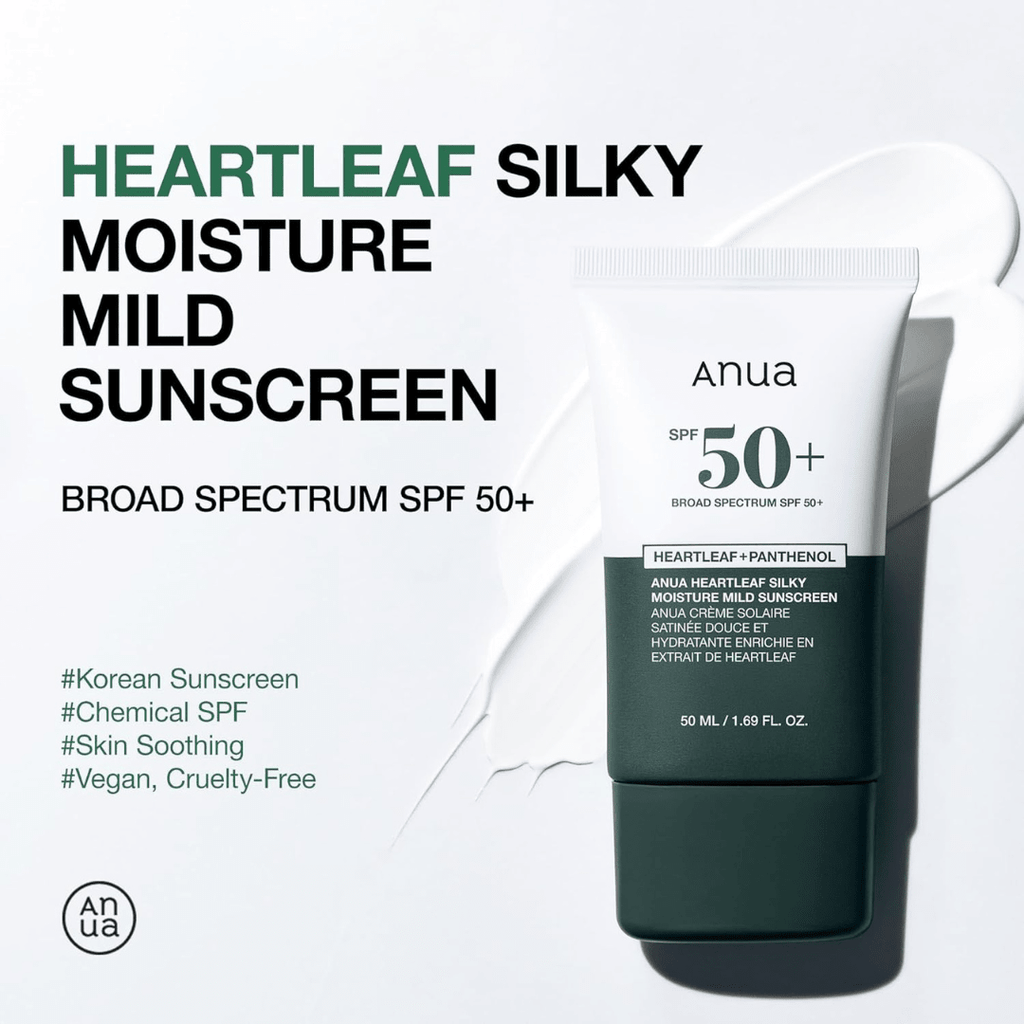 Anua Heartleaf Silky Moisture Mild Sunscreen, Broad Spectrum SPF 50+ with Moisturizing Formula, Lightweight Korean Sunscreen, Natural finish, Vegan, korean skin care 50mlAnua