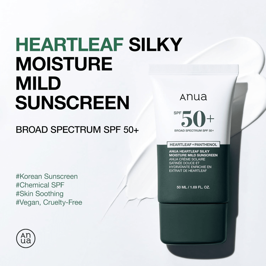 Anua Heartleaf Silky Moisture Mild Sunscreen, Broad Spectrum SPF 50+ with Moisturizing Formula, Lightweight Korean Sunscreen, Natural finish, Vegan, korean skin care 50mlAnua