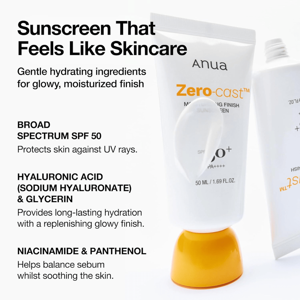 Anua, Zero-Cast Moisturizing Sunscreen SPF 50, Glow Natural Sunscreen for face, No White Cast, Hyaluronic Acid, Niacinamide, Oil-Free, Korean SkincareAnua