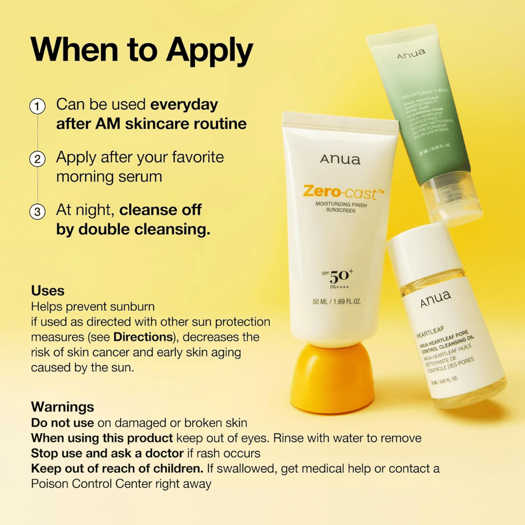 Anua, Zero-Cast Moisturizing Sunscreen SPF 50, Glow Natural Sunscreen for face, No White Cast, Hyaluronic Acid, Niacinamide, Oil-Free, Korean SkincareAnua