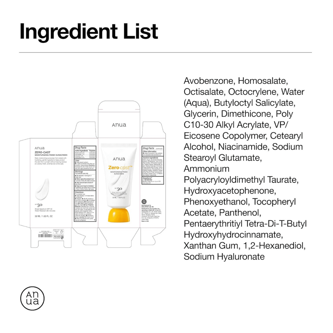 Anua, Zero-Cast Moisturizing Sunscreen SPF 50, Glow Natural Sunscreen for face, No White Cast, Hyaluronic Acid, Niacinamide, Oil-Free, Korean SkincareAnua