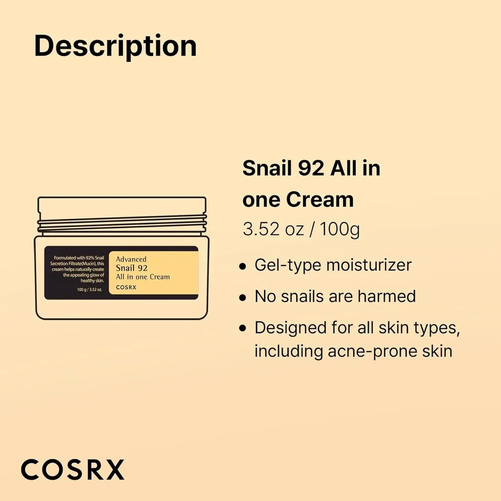 COSRX Snail Mucin 92% Face Moisturizer, 100 ml, Lightweight Moisturizing Cream