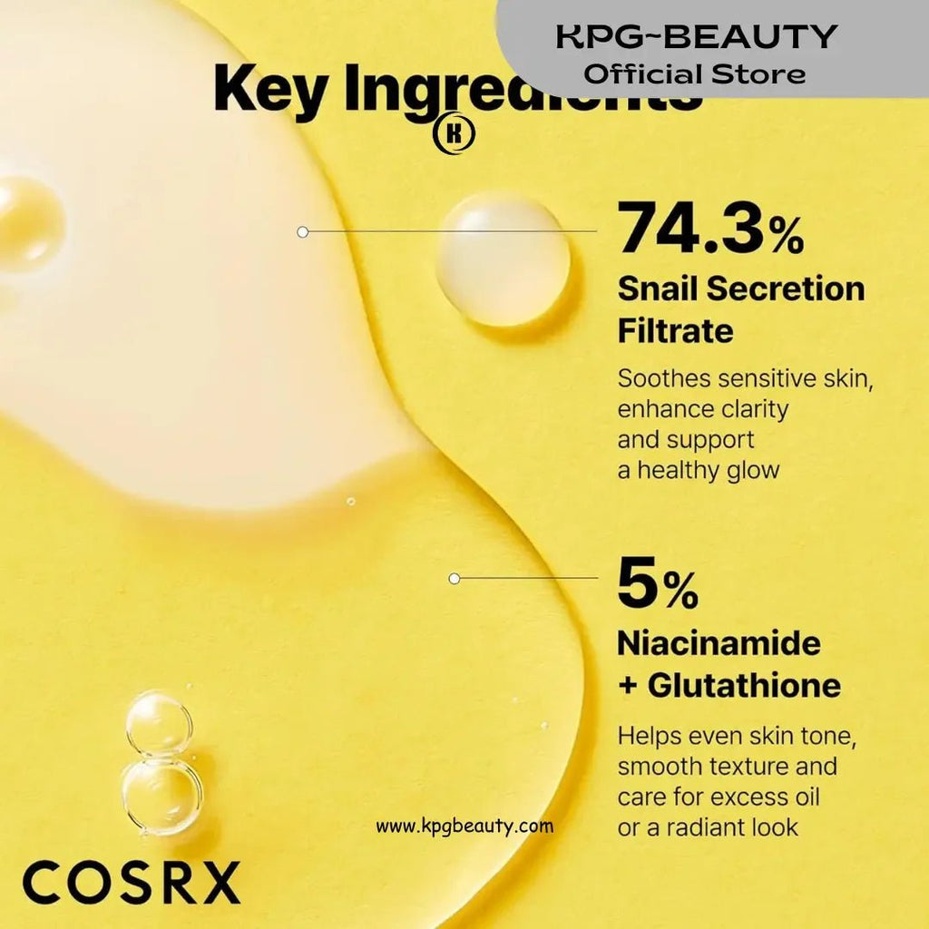 COSRX Niacinamide 5% + Snail Mucin 74% Dual Essence displayed with skincare routine items.