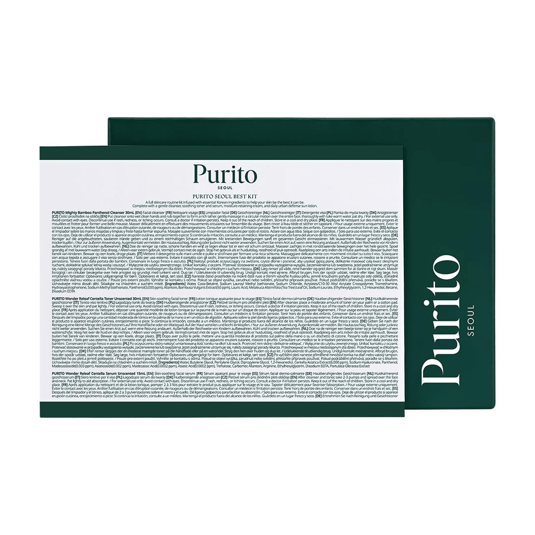 PURITO SEOUL Best Kit - Skincare Routine with Panthenol Cleanser & Cream, Unscented Centella Serum & Toner, For All Skin Types, Gift Set, For Face, Facial Serum, K-Beauty,Purito Seoul