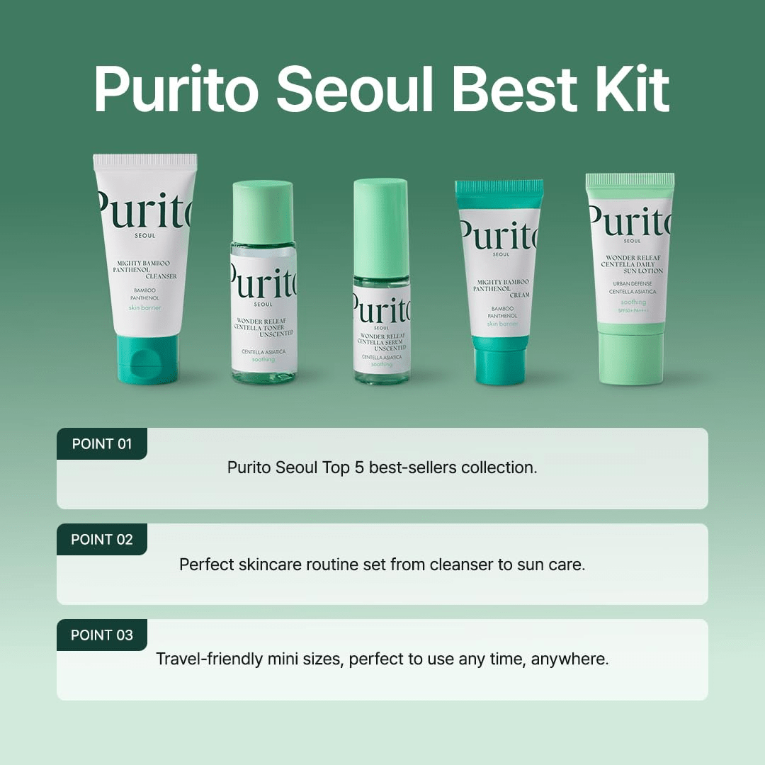 PURITO SEOUL Best Kit - Skincare Routine with Panthenol Cleanser & Cream, Unscented Centella Serum & Toner, For All Skin Types, Gift Set, For Face, Facial Serum, K-Beauty,Purito Seoul